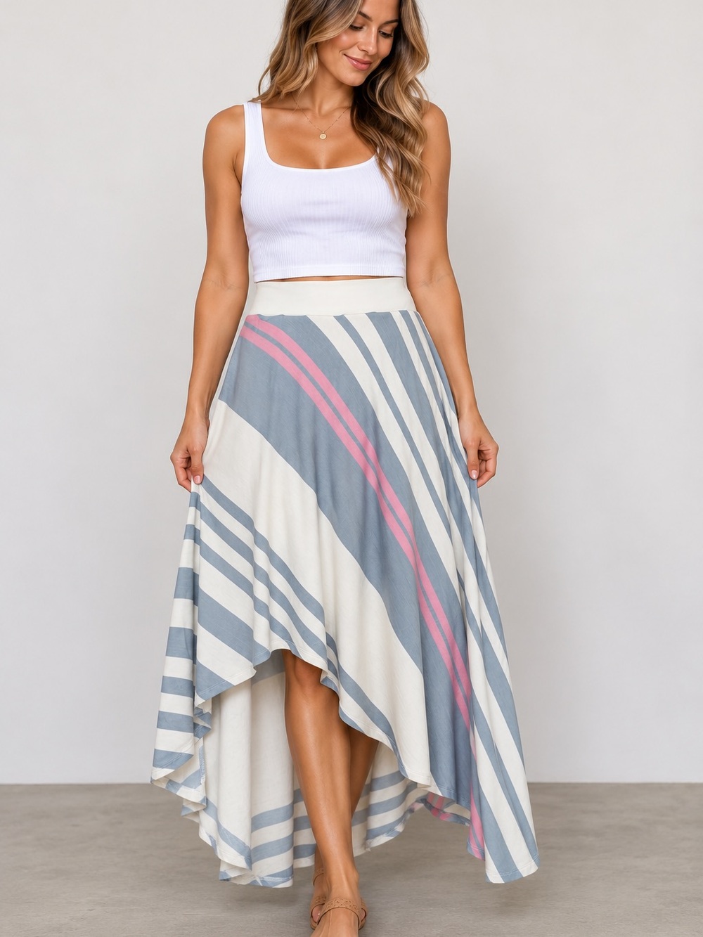 Anthropology Bordeaux L Striped Asymmetrical Maxi Skirt – Gray Pink Ivory Boho